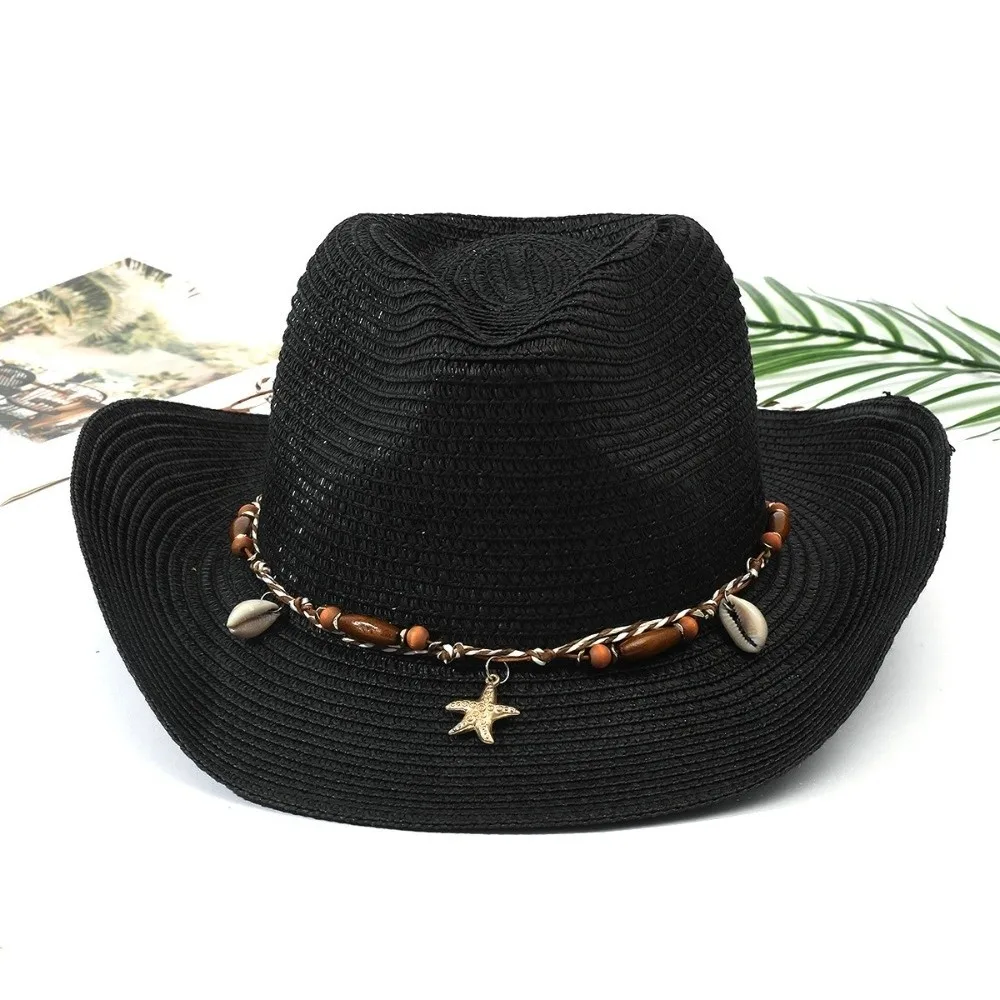 Unisex Acrylic Fibers Straw Cowboy Hat UV Protection Conch Shell Sun Hat Large Wide Brim Foldable Floppy Hat Travel