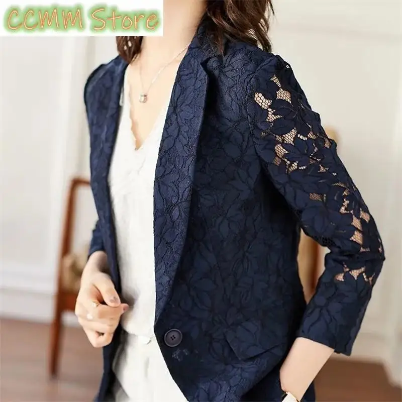 New Size 6XL Lace Suit Jacket Female Autumn Summer Temperament Sunscreen Hollow Blue Ladies Blazer Women Tops Elegant