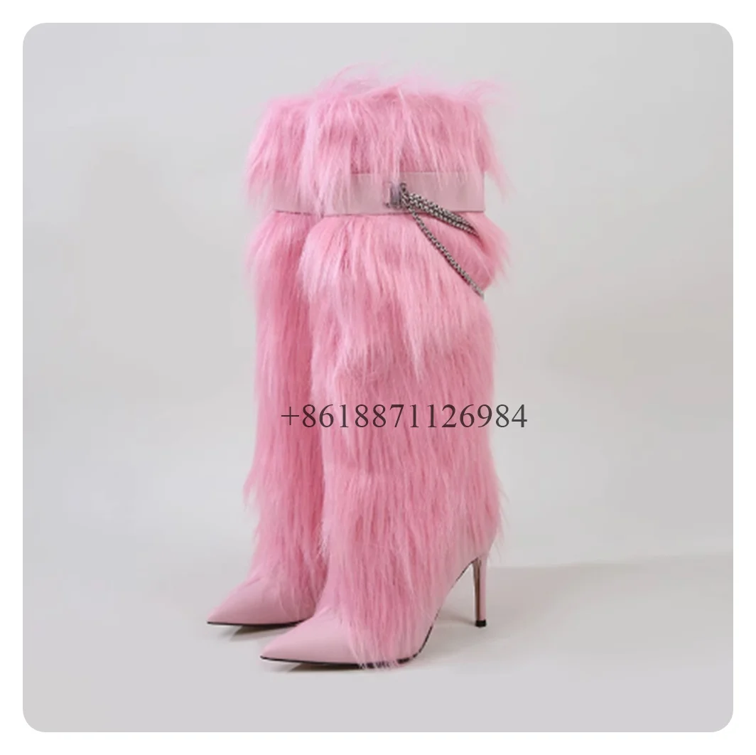 Pointy Toe Knee High Fuchsia Chain Fur Boots Sexy Luxury Women leather Thin High Heel Buckle Booties Fashion Pink Ladies Shoes