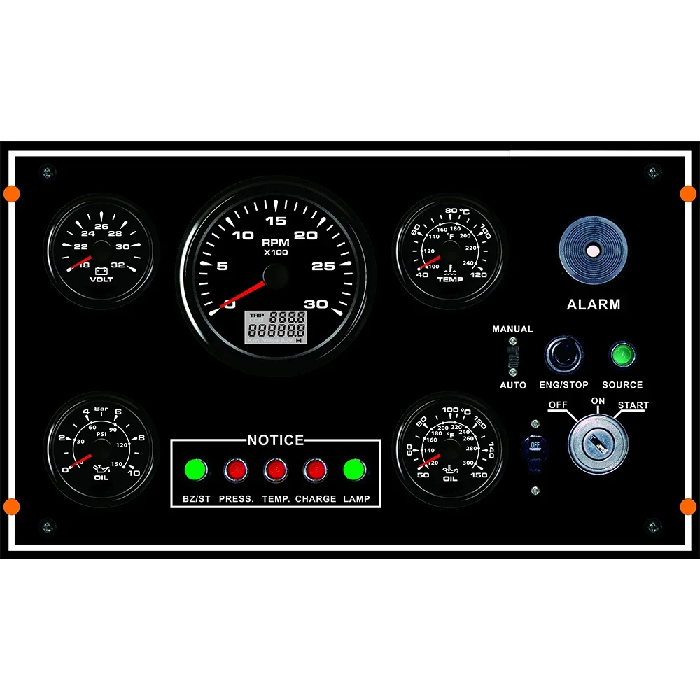 8 Colors Backlight 5 Gauge Set 24V Engine Panel with 0-3000RPM Tachometer Oil Temp. Water Temp. Oil Pressure Voltmeter 350*200mm