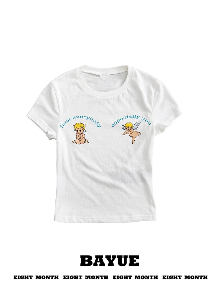 Mint Green Angel Print Short Sleeve T-Shirt Women's Summer Y2K American Cute Spicy Girl Shoulder Tight Belly Button Short Top