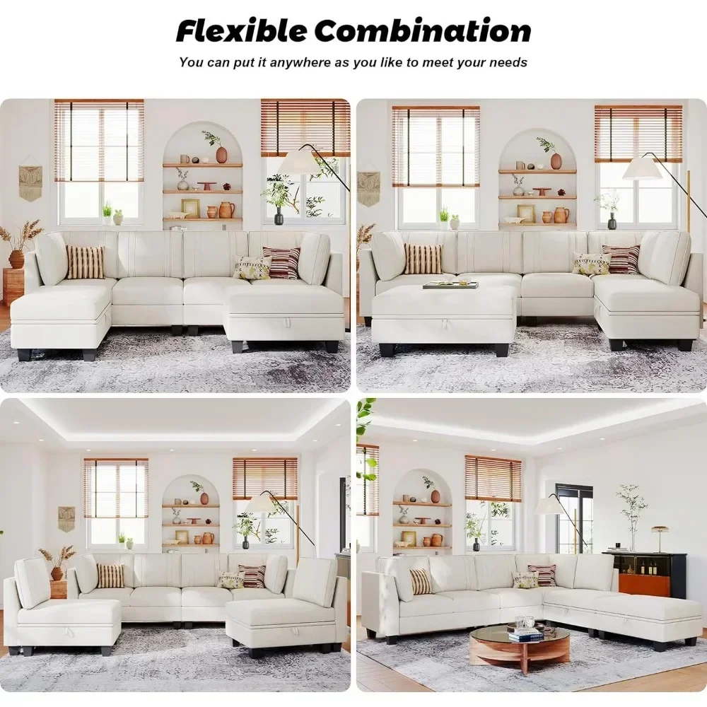 L Shaped Sofa Velvet Reversible Sectional Sofa with Storage Ottoman Convertible Cream L-Shaped Sofa Beige Living Room Furniture