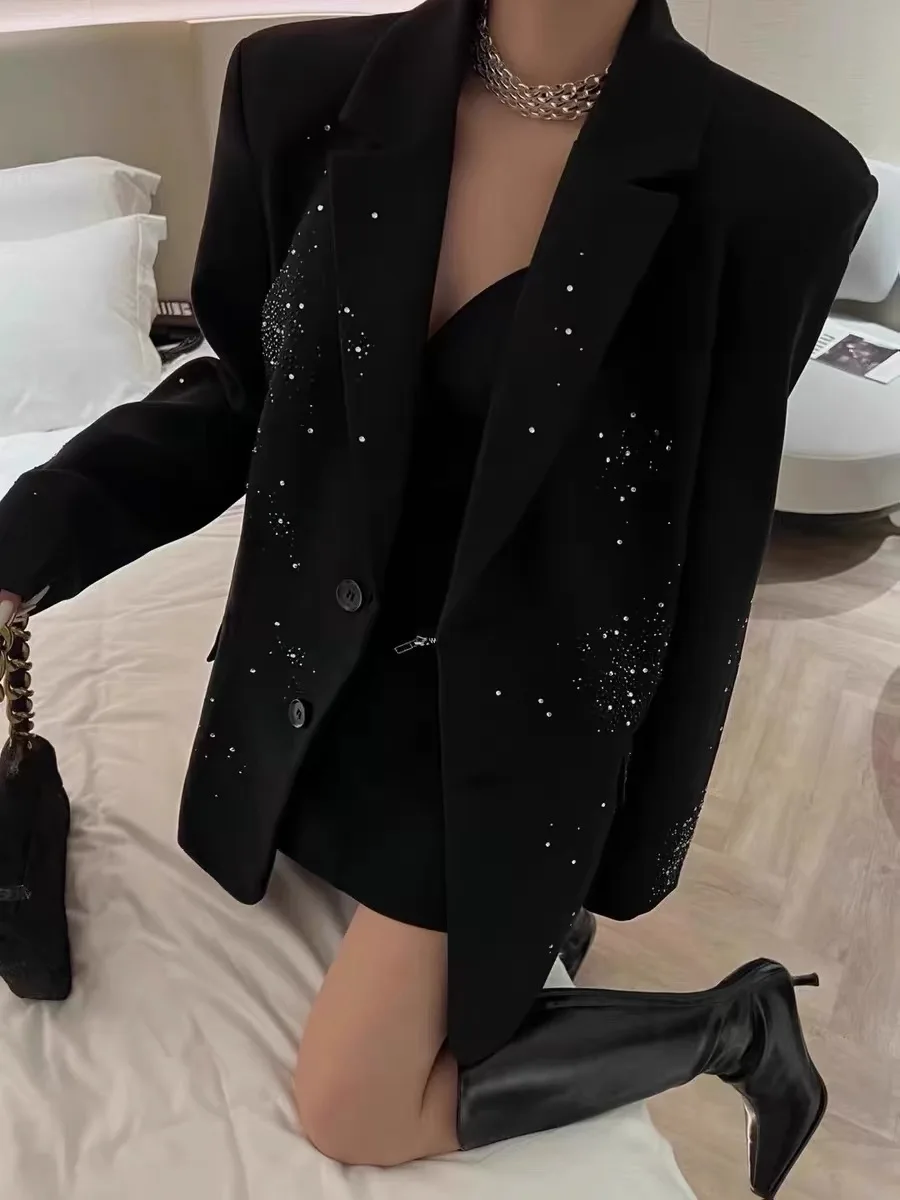 2024 Autumn Suit Coat Fashion Rhinestone Diamonds Black Suit Jacket Women\'s Shinning Blazer Coats Outwear Office Lady G623