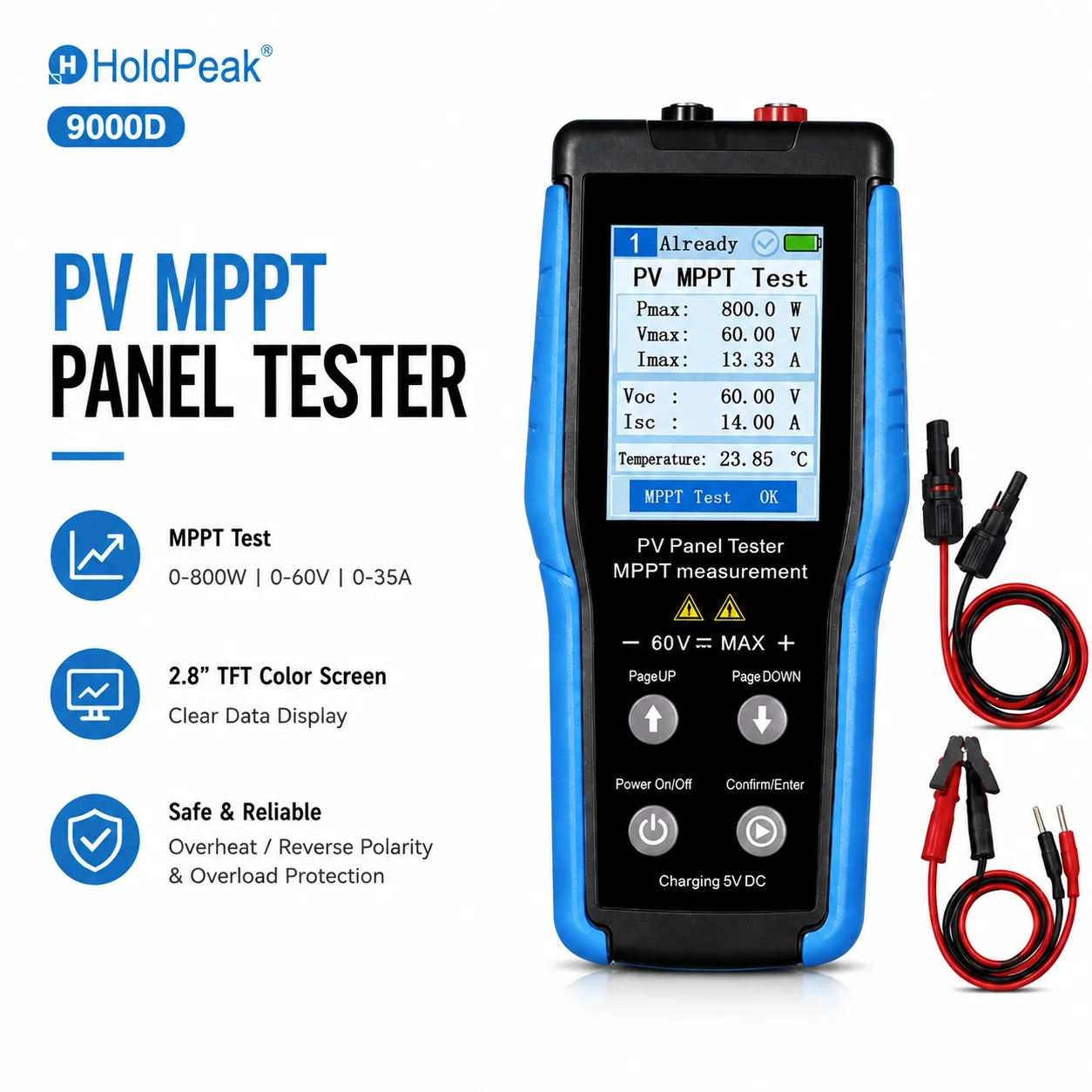 9000D 800W MPPT PV Tester 60V35A 2.8" TFT IV Curve Analyzer Multi Protect 14 Data Store MC4 Cable Portable Off-grid Solar Meter