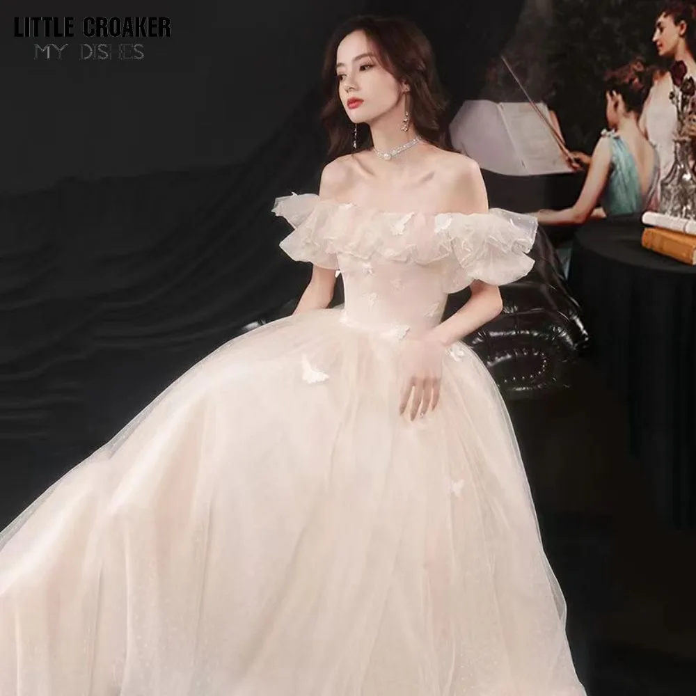 Ready-to-wear Formal Occasion Dresses Ruffle Neck Champagne Off Shoulder Prom Dresses Women Wedding Party Gown