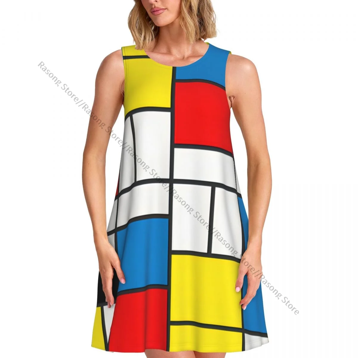 Dameskleding Jurk Piet Mondriaan Abstract Cubes Ronde hals Mouwloze lengtejurk