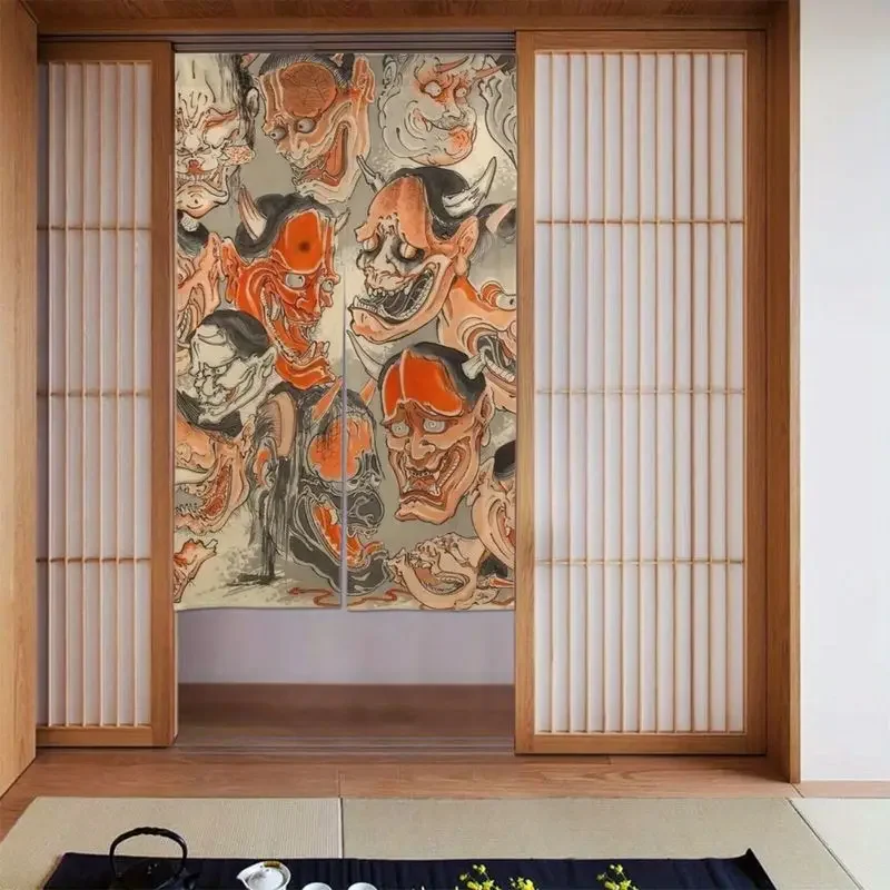 VIKAMA Japanese Noren Door Curtain Hannya Demon Masks Ukiyo-e Tattoo Print Room Divider Studio Bar Entrance Hanging Decor