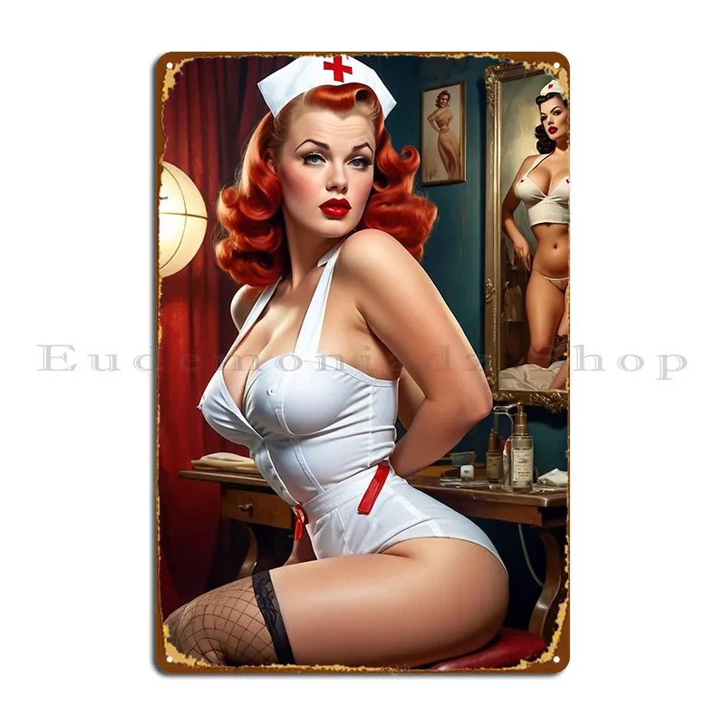 Sexy Red Head Pin Up Vintage Nurse Metal Signs Design Rusty Garage Plaques Club Tin Sign Poster