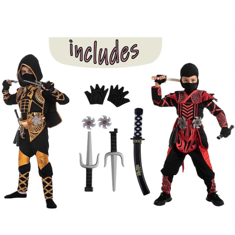 

Boys Gold Dragon Warrior Costume, Assassin Style Fancy Dress for World Book Day, Girls Red Black Warrior Carnival Outfit