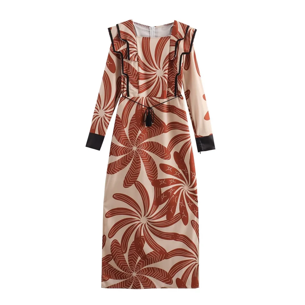 BM&MD&ZA 2024 letnia damska nowa prosta, wysokiej klasy elegancka dojazdowa długa spódnica z nadrukiem kwadratowy dekolt sukienka z frędzlami w talii