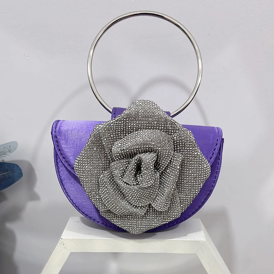 Luxury Rose Flower Crystal Clutch Bags Women Party Evening Flap Handbags Bridal Wedding Rhinestone Ring Handle Half Moon Bag Sac
