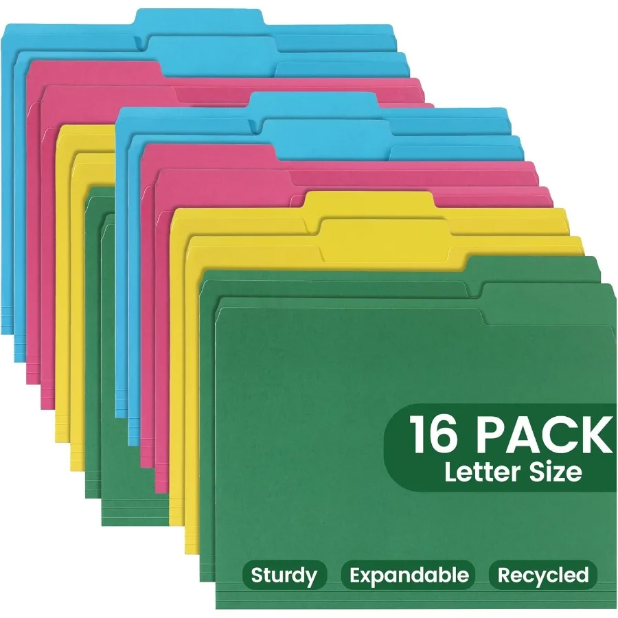 Gekleurde dossiermappen 16 verpakkingen Letter-formaat 1 3 Gesneden tabblad. Chromatische Manila-mappen 8,5 x 11, voor documenten Bestandsmappen met opvouwbaar