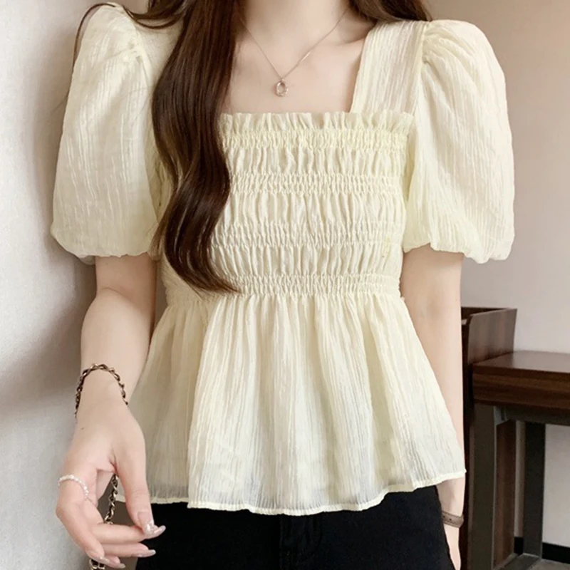 Elegant Square Collar Women Chiffon Blouses Summer Stylish Ruffled Shirring Waist Lantern Short Sleeve Top All-Match Solid Shirt
