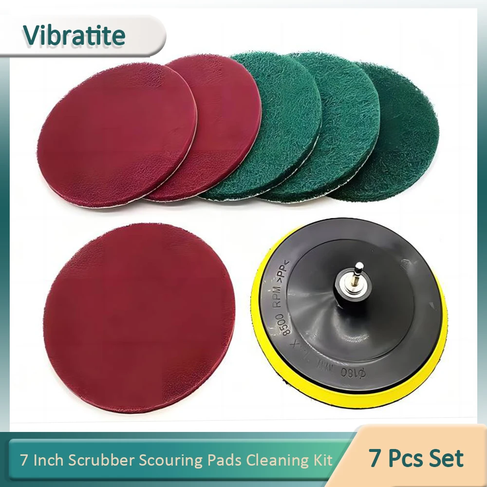 7 Inch Scrubber Scouring Pads Cleaning Kit Super Large Size Drill Powered Brush Tile Disc Pad Holder with 6 Scrubbing Pads