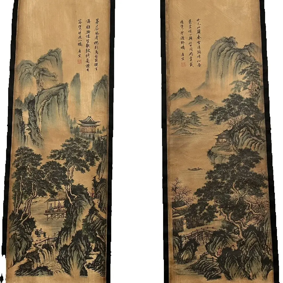 

China old Celebrity Tang Yin's Landscape Painting - Traditional Four Screen Scroll Decorative Artwork for Home Or Office collect