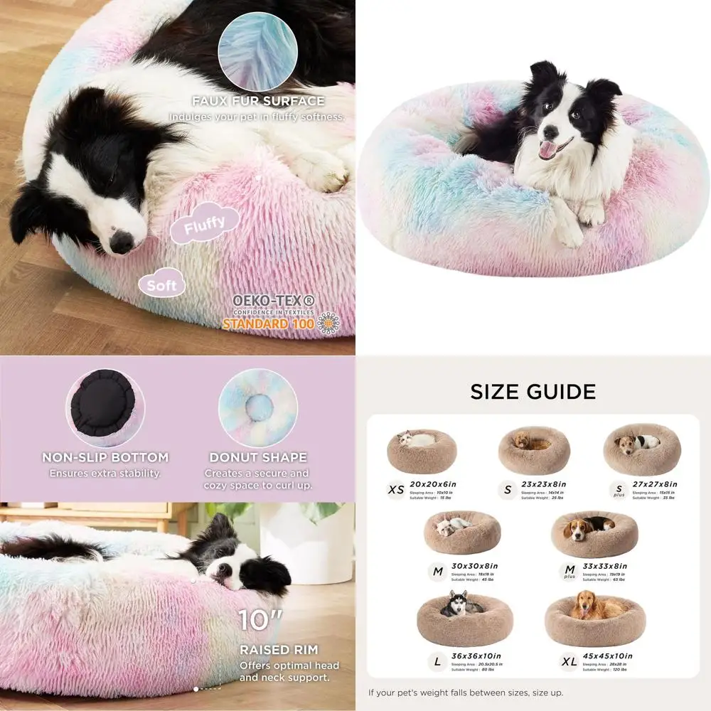 

Большая круглая моющаяся плюшевая кровать для собак из искусственного меха, противоскользящая, подходит для домашних животных до 80 фунтов, разноцветная, 36