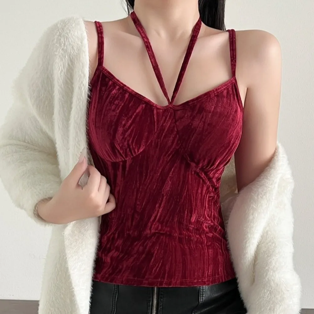 

All-match With Chest Cushion Velvet Camisole Bowknot Solid Color Crop Tops Sleeveless Tanks Suspender Vest Ladies