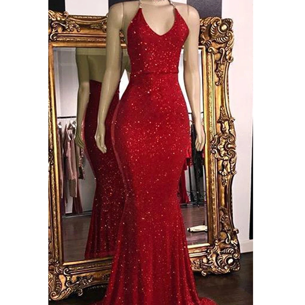 Sexy Backless Halter Sparkly Red Sequined Evening Dresses For Women 2023 Mermaid Robe De Soiree Prom Gown Wedding Party Vestidos