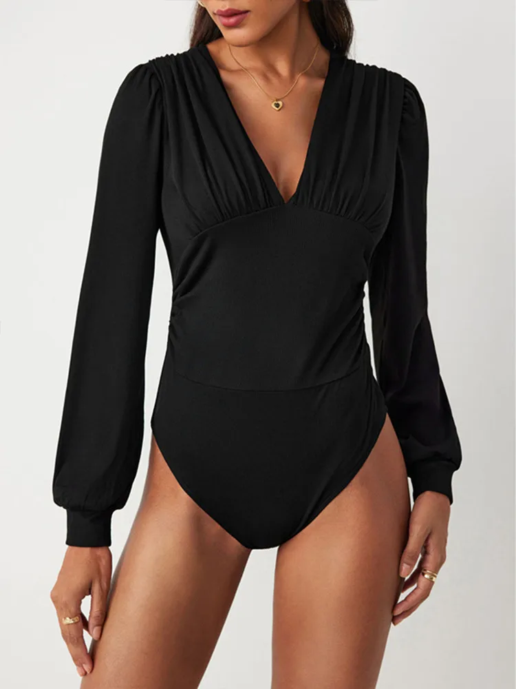 

BKLD 2024 Autumn And Winter New Women Clothing Sexy Slim Fit Long Sleeve Tops V-Neck Black Bodysuits Solid Color One Pieces