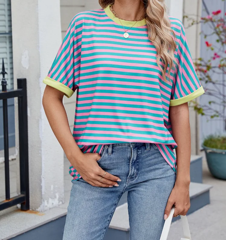 

Striped contrasting round neck loose short sleeved T-shirt top, fashionable and casual, summer 2025 new item