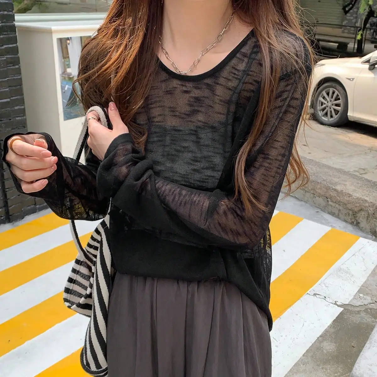 Korean Chic Autum Thin Sexy Slightly See-Through Long-Sleeved Sun Protection Blouse Black Design Loose Bottoming T-Shirt for Women