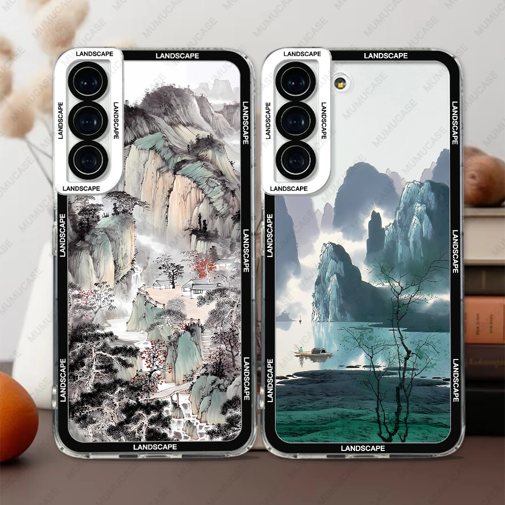 Case For Samsung Galaxy S24 S20 S21 FE S22 Plus S23 Ultra A22 A54 5G Soft Cover Ink And Wash Landscape