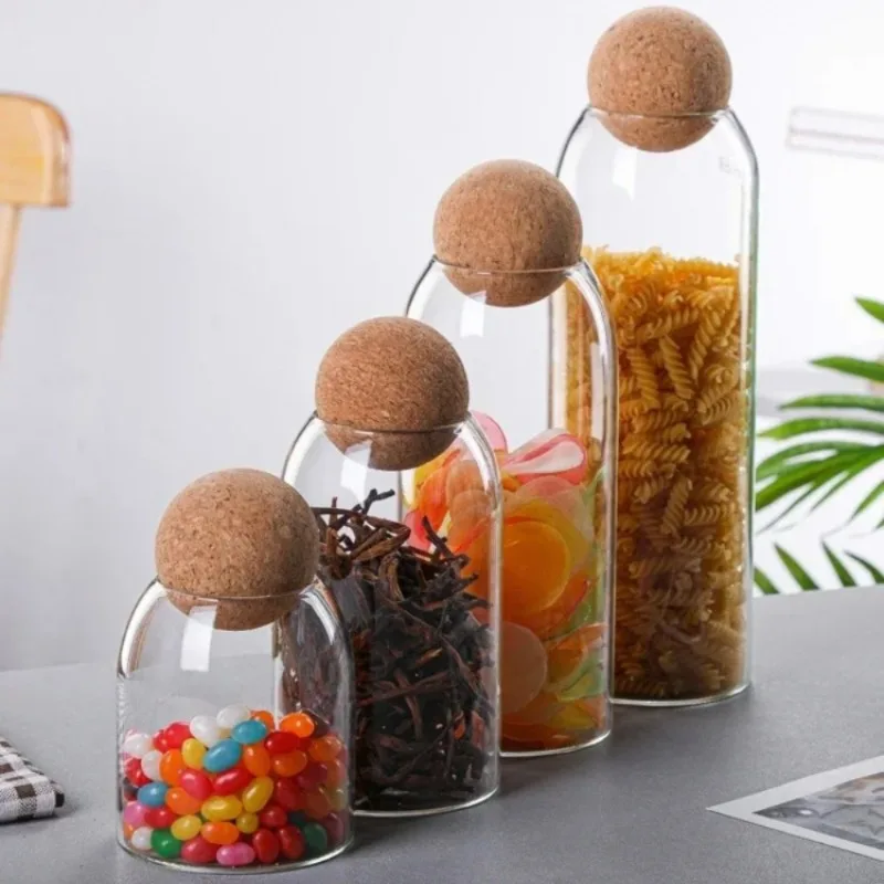 Picture 3: Glass Storage Jars with Ball Cork Stopper for Tea Spices Nuts Decorative Kitchen Cabinet Organizer Transparent Container Set