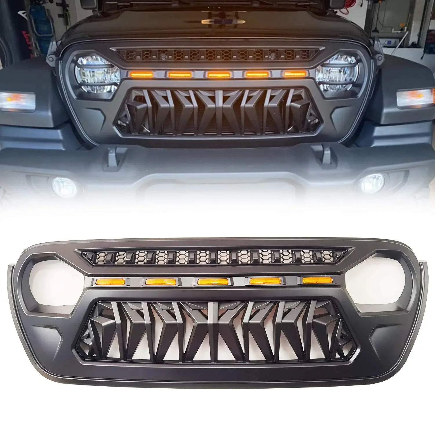 

Mesh Grille Front Grill Cover Matte Black with Amber LED Running Lights for 18-24 Jeep Wrangler JL JLU JT Gladiator Accessories