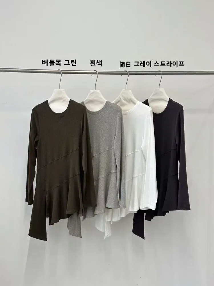 

Low Saturation Japanese Sle Knitted Cotton Top Asymmetrical Wave Pattern Large Fi Tail Design Artistic Sle Springwear