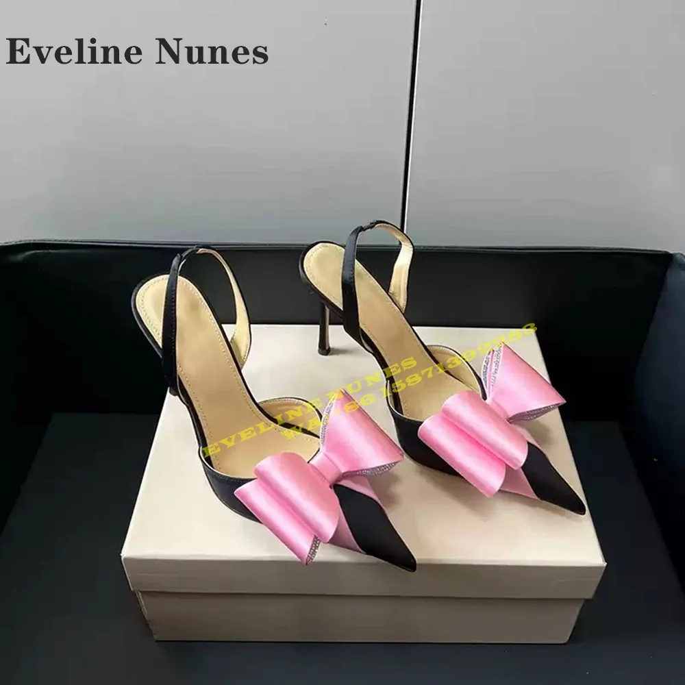 

Satin Bow Mixed Colors Elegant Sandals Pointed Toe Thin Heels Side Air Back Strap Party Dress Shoes 2024 Luxury Sweet New Style
