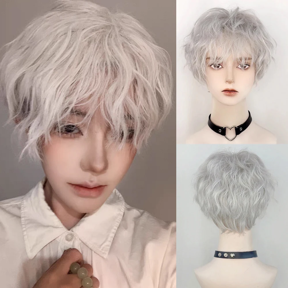 

Gray White Anime Cosplay Curly Synthetic Short Wig with Bangs Nature Women and Men Fluffy Hair Heat Resistant Wig for Party