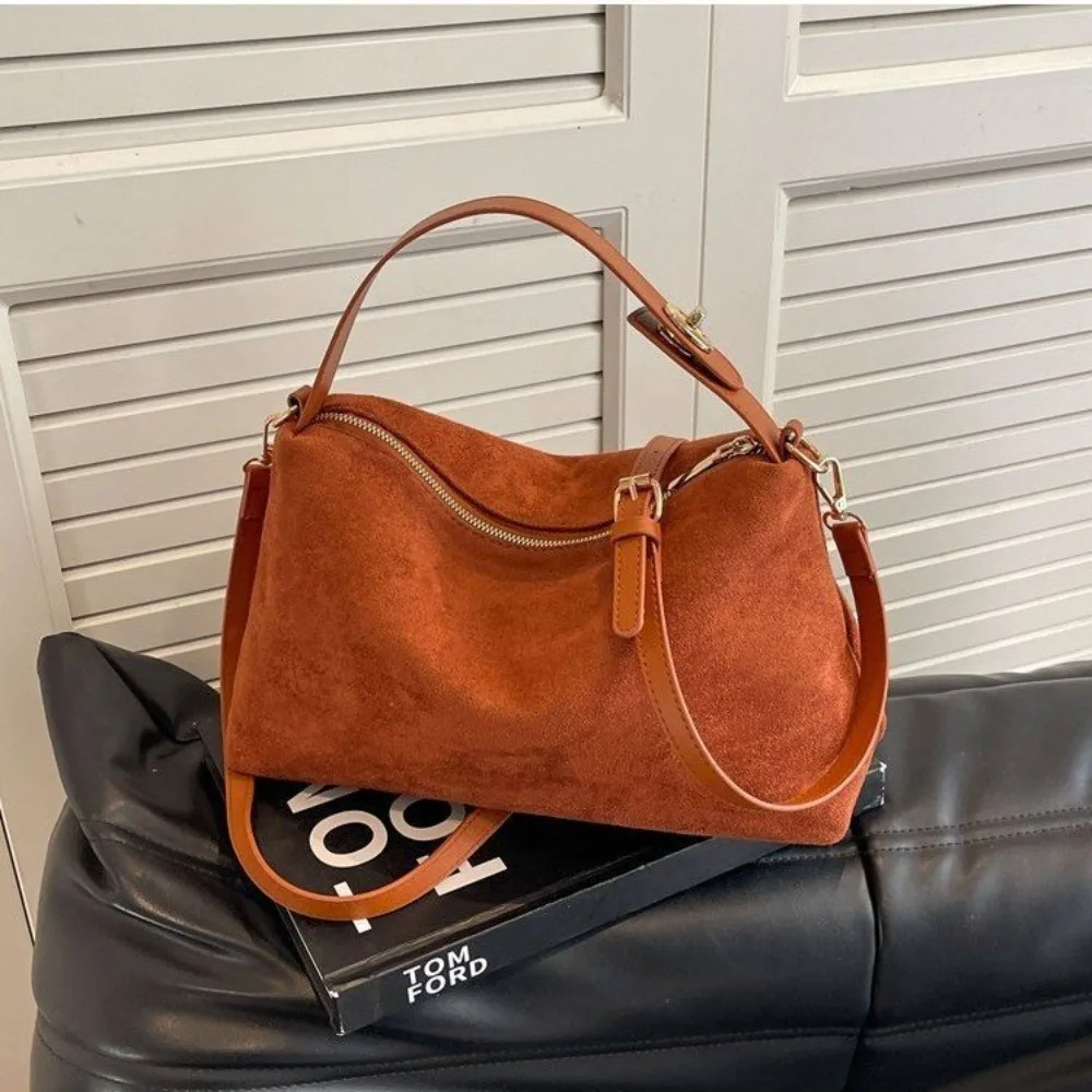 Suede Surface Boston Retro Handbag Solid Color Large Capacity Texture Shoulder Bag Minimalist Luxury Frosted Underarm Bag Work