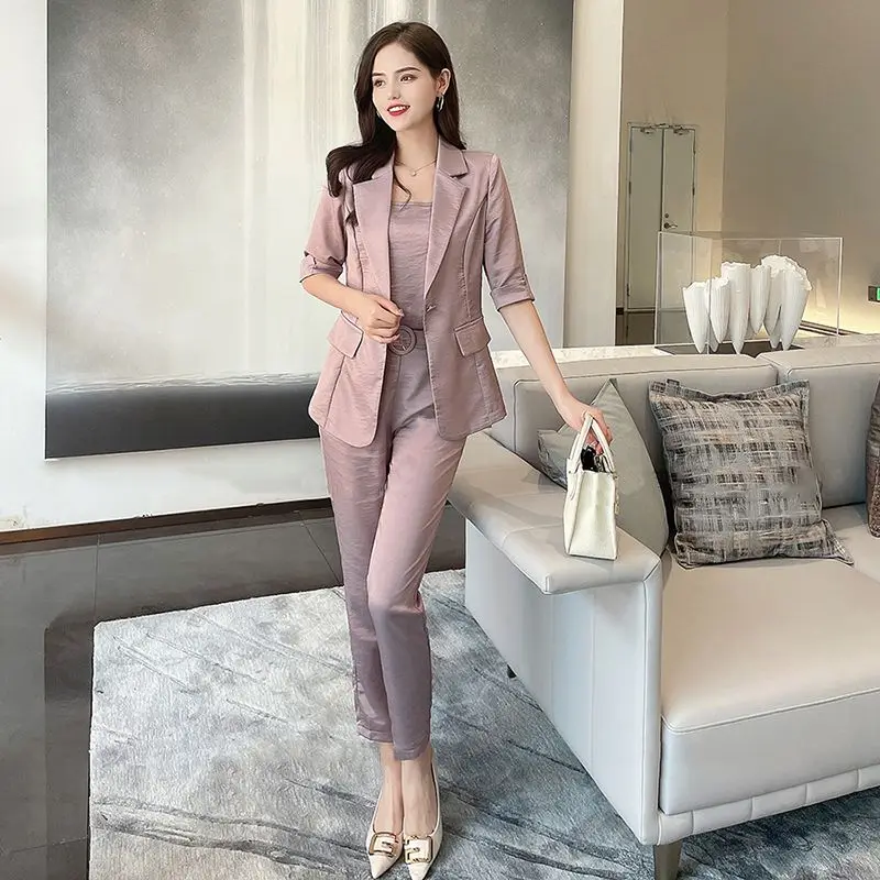 Women's Spring Summer Professional Blazer Two Piece 2023 New Korean Elegant Thin Casual Suit Top + Vest + Pants Three Piece Set