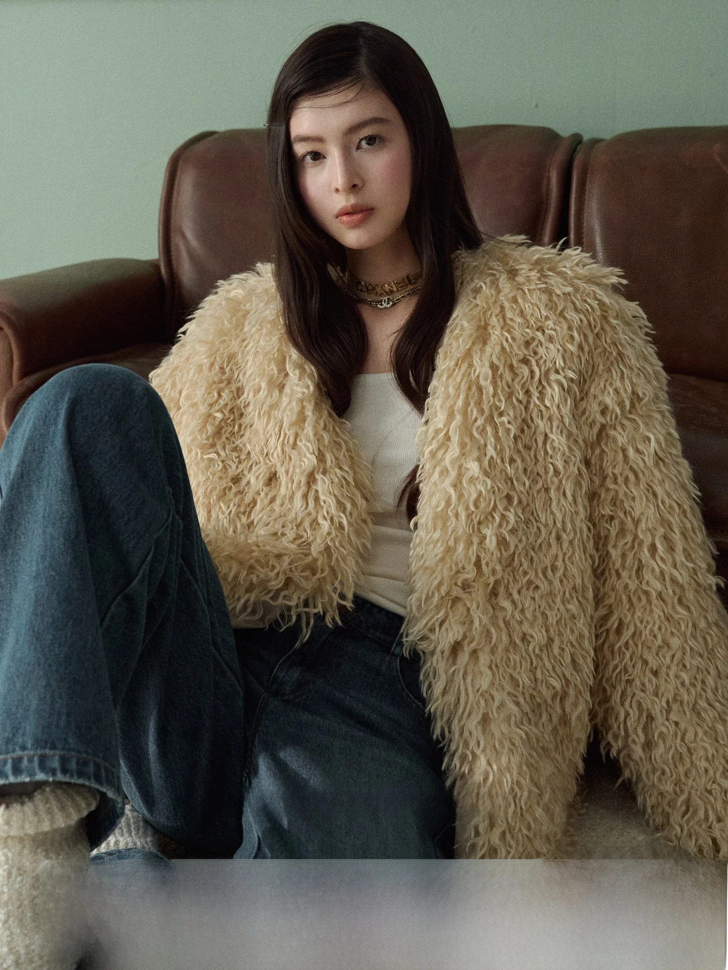 

Eco-Friendly Fur Jaet Women's Autumn Long Sve round Ne ort Coat Warmth Youth Universal Fit Simulation Mouton Roll