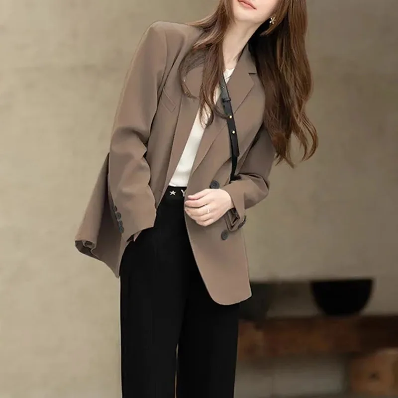 Korean Women Solid Color Suit Jacket Autumn Ladies Long Sleeves Blazer Coat 2024 Advanced Feeling Female Double-breasted Outwear