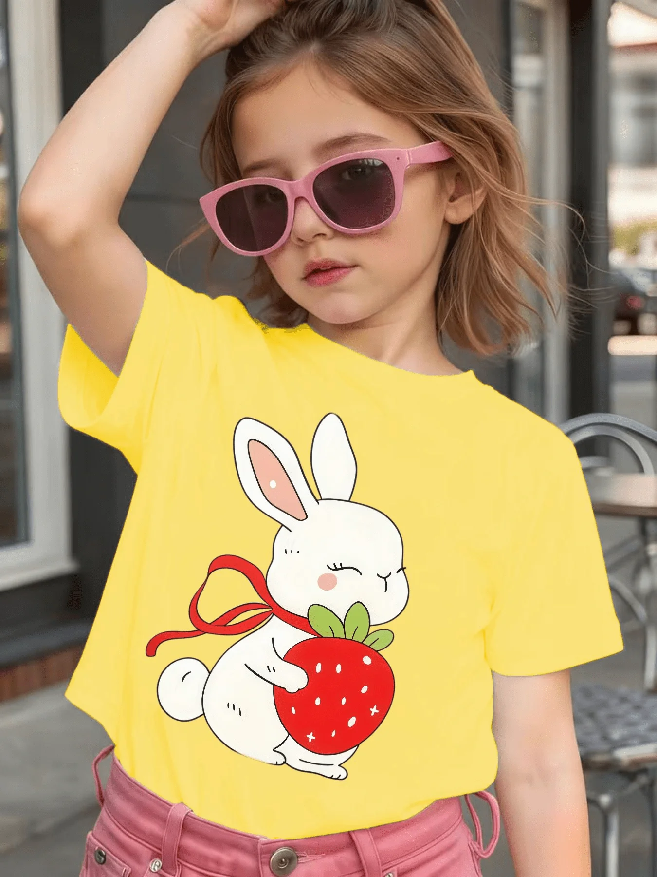 Cute Rabbit Strawberry Print Kids T Shirt Cotton Short Sleeve Boys Girls Parent Child Matching Summer Casual Daily Comfort Tops