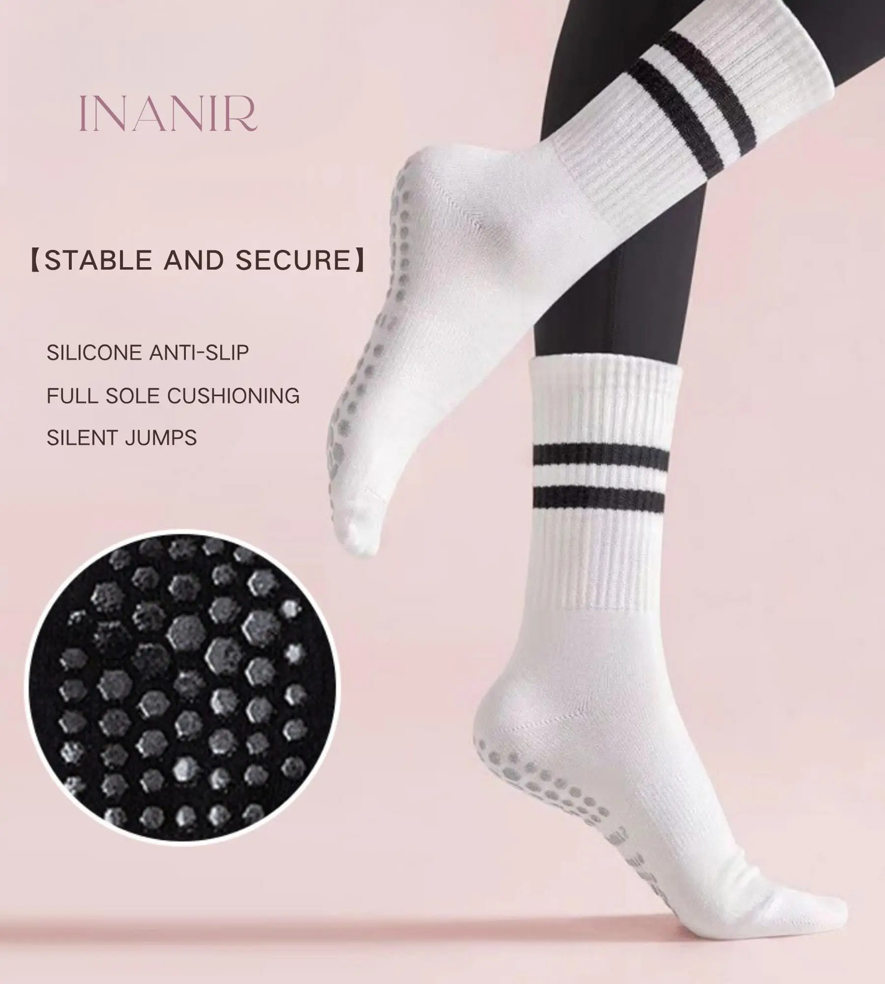 3pairs  Pilates Socks With Grips for Women:Cute Non Slip Crew Gripper Yoga Sock-Grippy Sticky for Hospital/Dance Barre/Workout