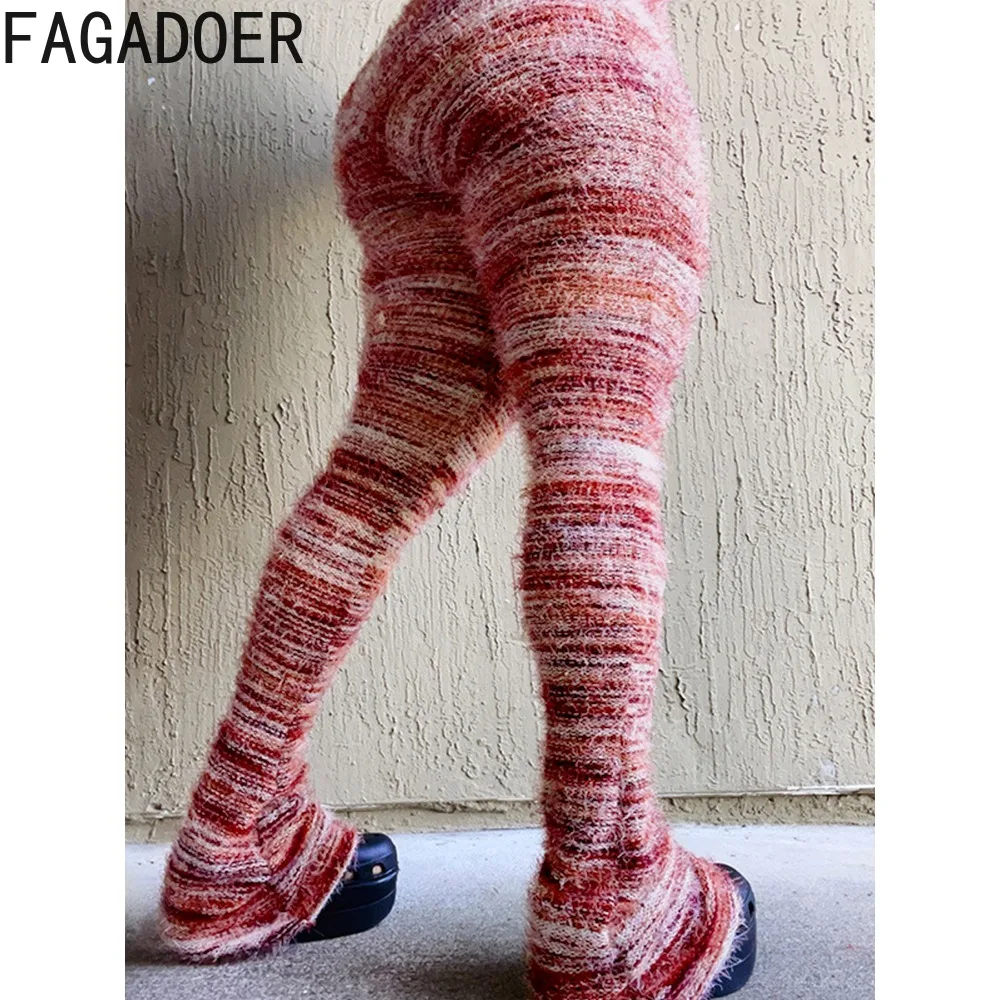 

FAGADOER Autumn Winter Fashion Fleece Colorful Stripe Print Pants Women High Waist Skinny Stacked Trousers Casual Female Bottoms