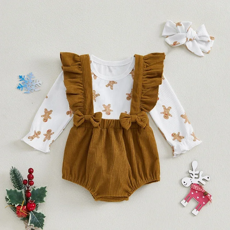 Christmas Baby Girls Clothes Gingerbread Print Long Sleeves Romper and Overalls Shorts Cute Headband Set Fashion Outfits