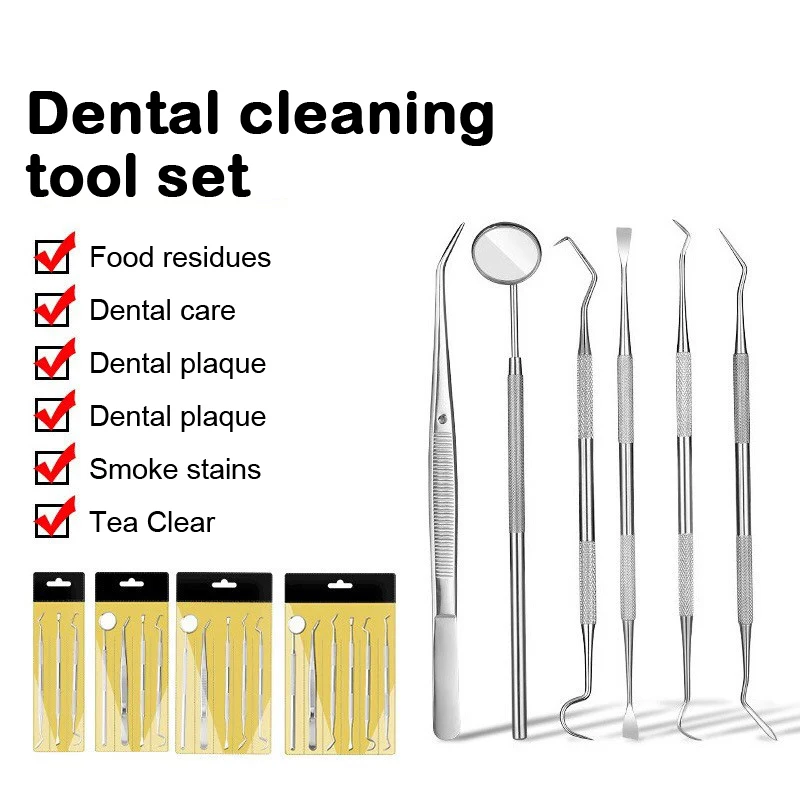 Stainless Steel Dentist Clean Tools Dental Mirror Double Probe Sickle Hoe Tooth Cleaner Dental Tool Products Oral Care Kit