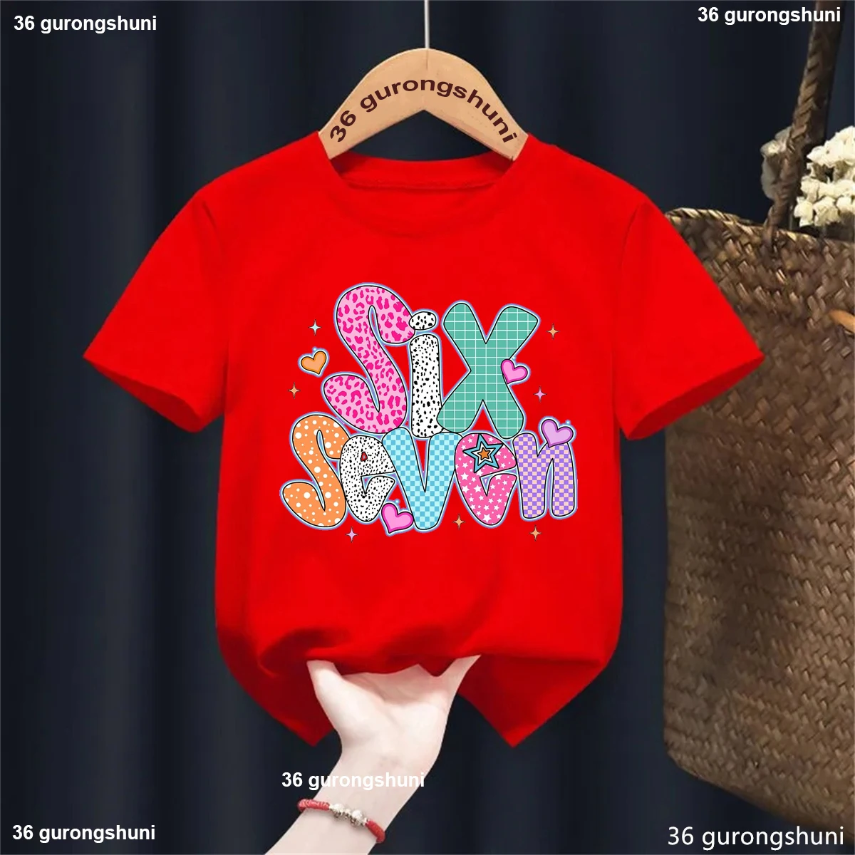 

2026 Leopard Six Seven 67 Meme Hearts Printed T Shirt Girls Funny Kids Clothes Harajuku Kawaii Solid T-Shirt Children'S Clothing