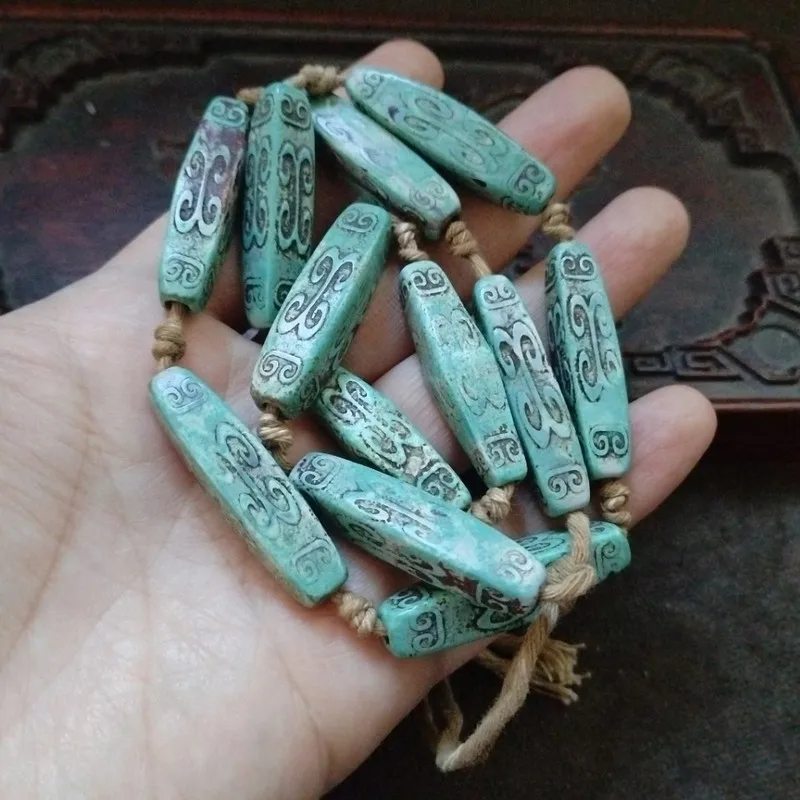 Antique Green Agate With Patina And Auspicious Patterns, Long Beaded Necklace