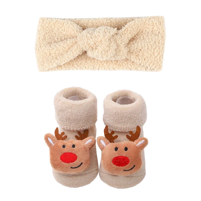2 قطعة الصوف الطفل عقال عمامة معقود الفتيات إِلْكَة عيد الميلاد الجوارب مجموعة عمامة لحديثي الولادة الشتاء الدافئ رباط شعر هدية عيد الميلاد للأطفال