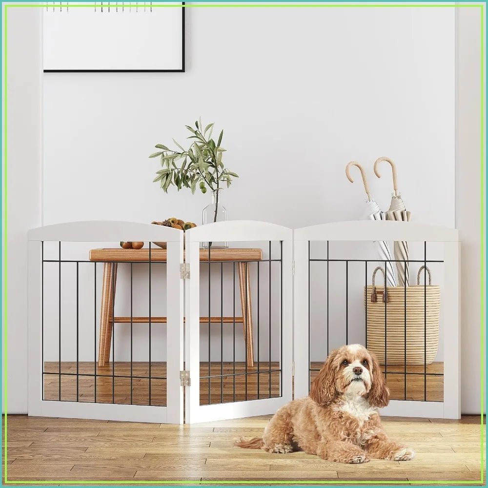 Free Standing Dog Gate for House, Stairs, Doorways - Foldable Wooden Pet Fence, 60
