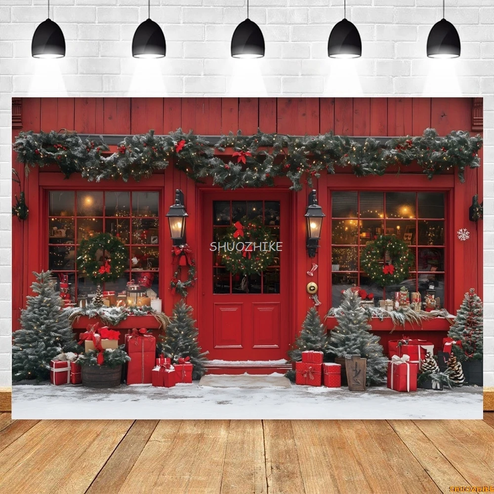 متجر هدايا عيد الميلاد التصوير خلفية الثلوج شجرة عيد الميلاد الهدايا متجر نافذة الباب إكليل الاطفال صورة التصوير خلفية ديكور