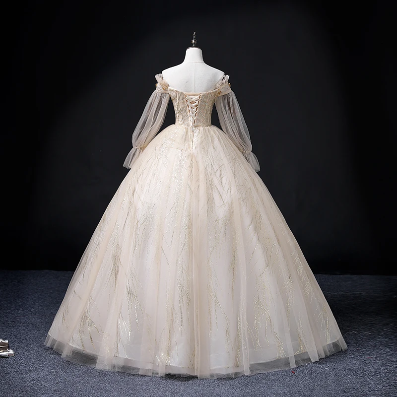 AnXin SH vintage champán encaje cuello barco manga larga ilusión rebordear vestido de bola de cristal con cordones vestido de noche personalizado