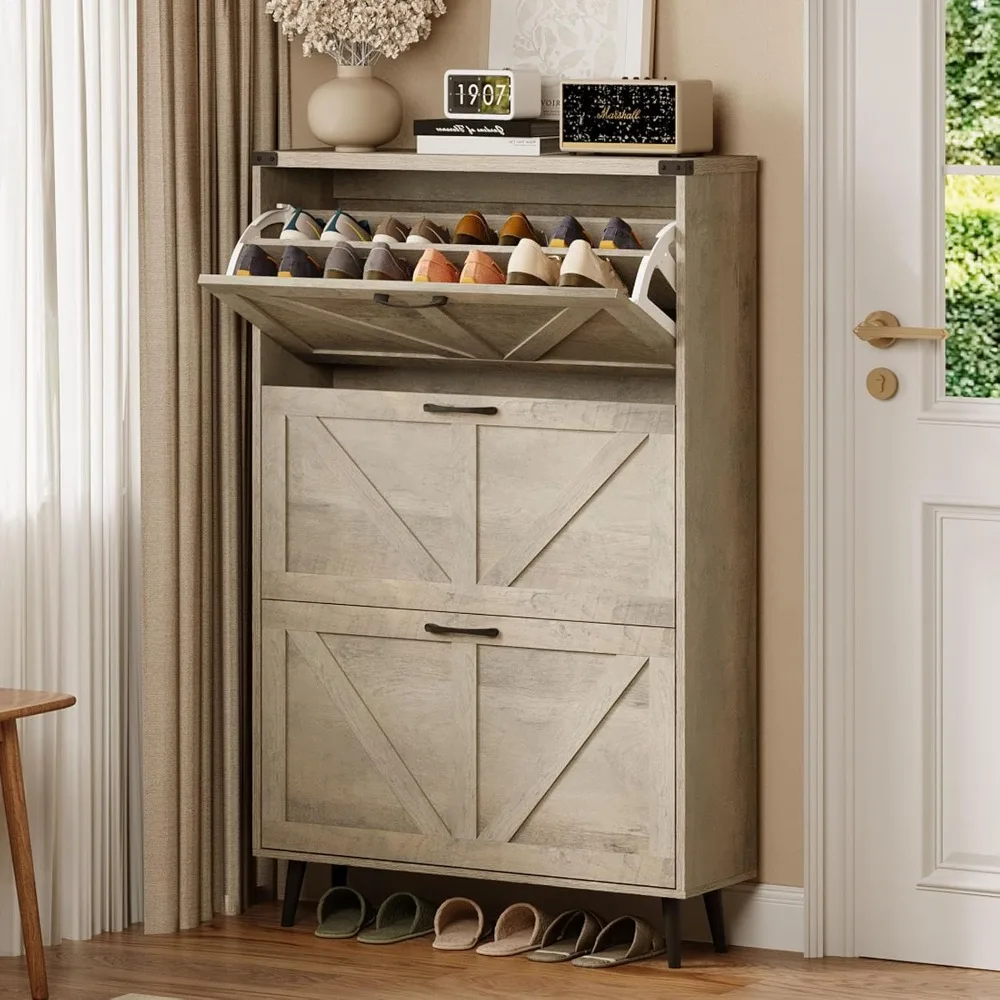 Shoe Cabinet with 3 Flip Drawers,Farmhouse Shoe Organizer Cabinet with Legs for Entryway,Narrow Slim Freestanding Rack Cabinet f