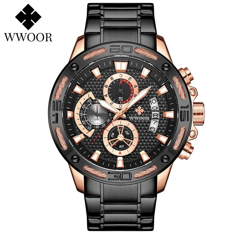 Wwoor Gold Luxury Watch Men Quartz Steel Waterproof Sport Watches Wristwatch Military Chronograph Date Clock Relogio Masculino