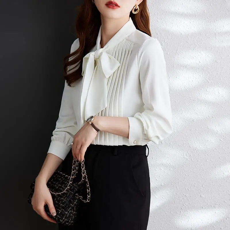 Light Coffee LACE-upชีฟองแขนยาวผู้หญิงเสื้อผู้หญิงโบว์การออกแบบไม่สม่ําเสมอSense 2024 ใหม่แฟชั่นสไตล์ต่างประเทศ