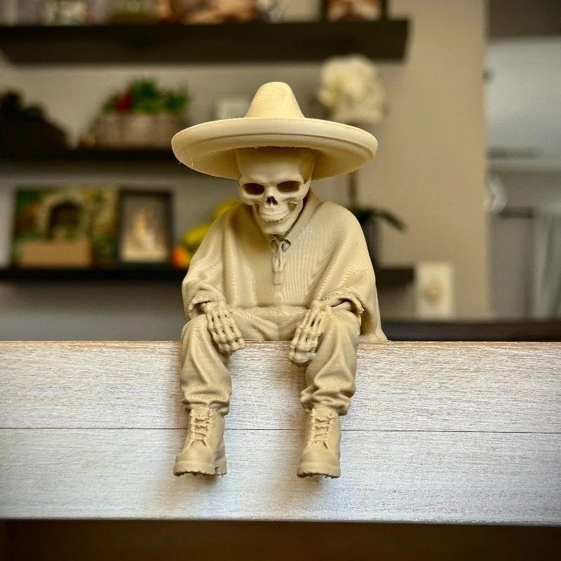 Vintage Skeleton Cowboy Figurine Gothic Style Edge Sitter Skull Statue Ornament for Home Office Desk Shelf Halloween Decor Gifts